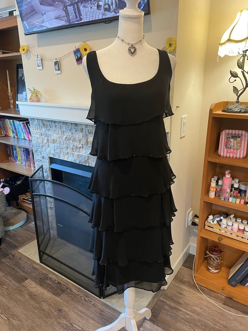 black ruffle and beaded formal dress